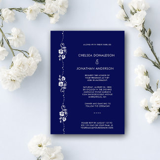 Modern Chic Minimal White Floral Navy Blue Wedding Aankondiging