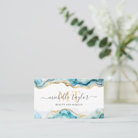 Modern Chic Monogram Blauw Goud Beauty Social Medi Visitekaartje (Staand voorkant)