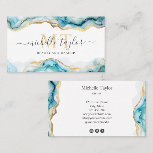 Modern Chic Monogram Blauw Goud Beauty Social Medi Visitekaartje (Voorkant / Achterkant)