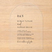 Modern Chic Monogram Eenvoudige Boog Rustieke Trou Acryl Uitnodigingen (Voorkant)