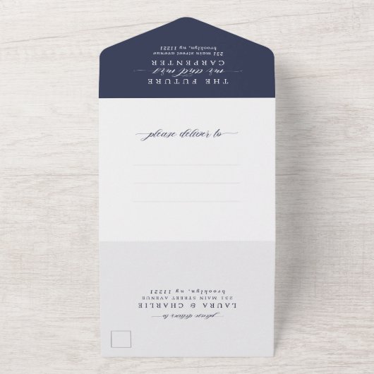 Modern Chic Monogram Foto RSVP Navy Blue Wedding All In One Uitnodiging (Buitenkant)
