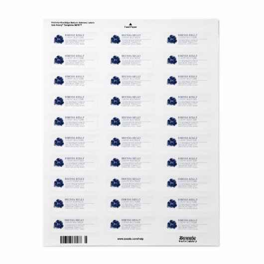 Modern Chic Monogram Navy & White Business Address Etiket (Full Sheet)