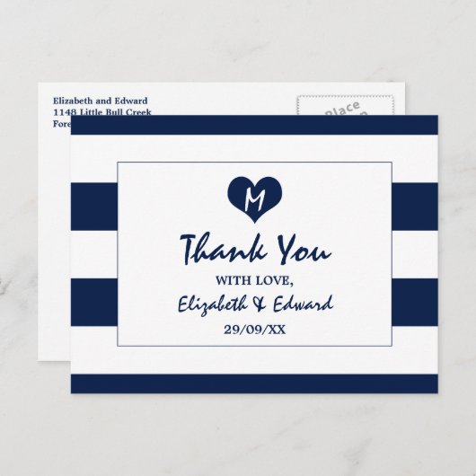 Modern Chic Navy Blue en White Wedding Bedankt Briefkaart (Voorkant / Achterkant)