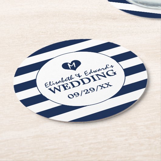 Modern Chic Navy Blue en White Wedding Ronde Kartonnen Onderzetter (Gebogen)
