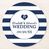 Modern Chic Navy Blue en White Wedding Ronde Kartonnen Onderzetter (Voorkant)
