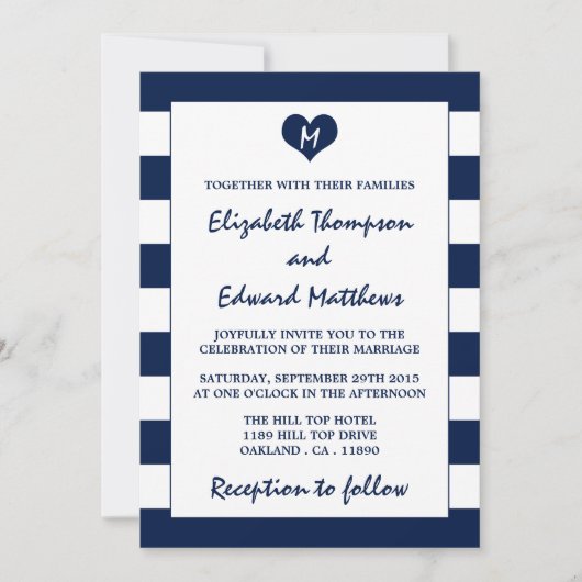 Modern Chic Navy Blue & White Wedding Kaart (Voorkant)