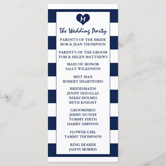 Modern Chic Navy Blue & White Wedding Programmakaart (Achterkant)