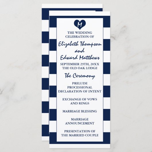 Modern Chic Navy Blue & White Wedding Programmakaart (Voorkant / Achterkant)