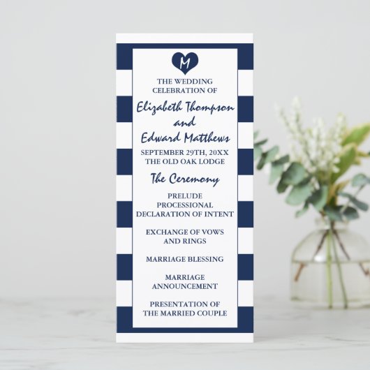 Modern Chic Navy Blue & White Wedding Programmakaart (Staand voorkant)