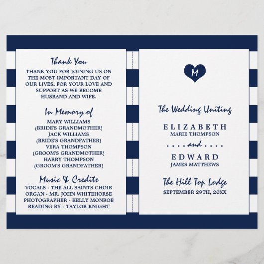 Modern Chic Navy Blue & White Wedding Programme (Voorkant)