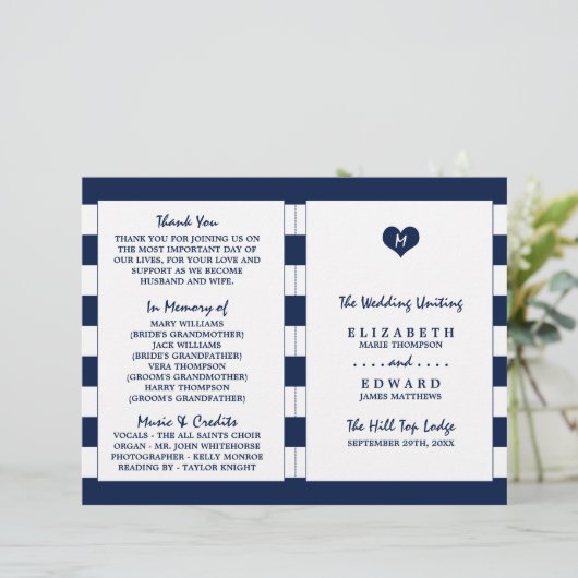 Modern Chic Navy Blue & White Wedding Programme (Staand voorkant)