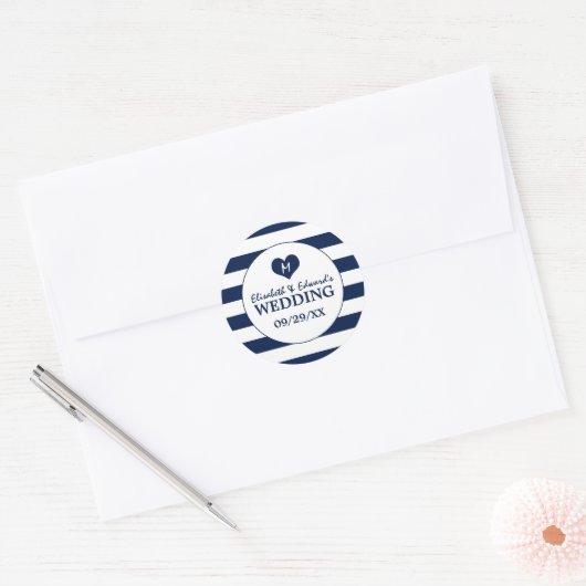 Modern Chic Navy Blue & White Wedding Ronde Sticker (Envelop)
