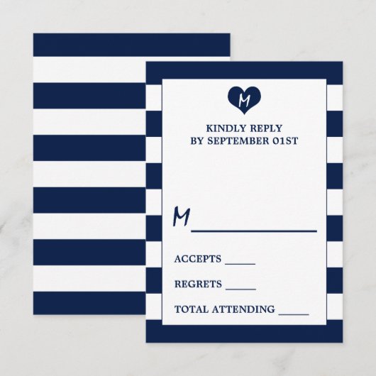 Modern Chic Navy Blue & White Wedding RSVP Kaartje (Voorkant / Achterkant)