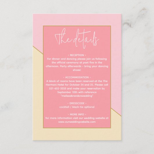 Modern Chic Pastel Roze & Geel bruiloft Details Informatiekaartje (Voorkant)