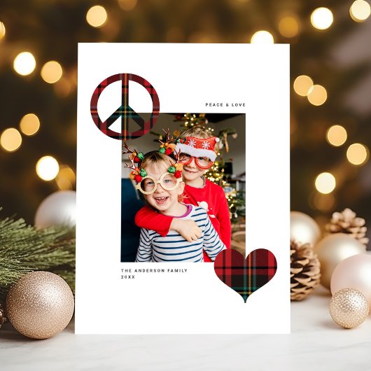 Modern Chic Peace & Love Red Tartan 1 Foto Feestdagenkaart