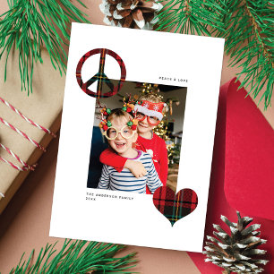 Modern Chic Peace & Love Red Tartan 1 Foto Feestdagenkaart