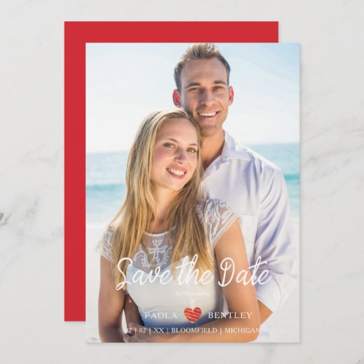 Modern Chic Red Heart Foto Couple Wedding (Voorkant / Achterkant)