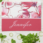 Modern Chic Red Tropical Floral Persoonlijke naam Theedoek (Gevouwen)