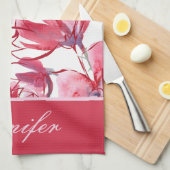 Modern Chic Red Tropical Floral Persoonlijke naam Theedoek (Quarter Fold)