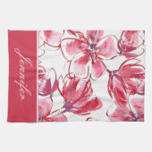 Modern Chic Red Tropical Floral Persoonlijke naam Theedoek (Horizontaal)