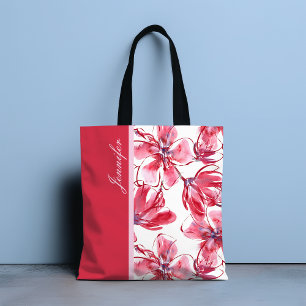 Modern Chic Red Tropical Floral Persoonlijke naam Tote Bag