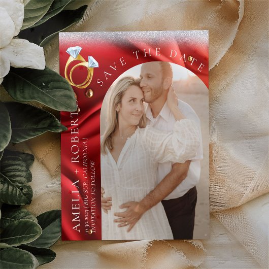 Modern Chic Red Velvet sparen de Datum Fotokaart Flyer