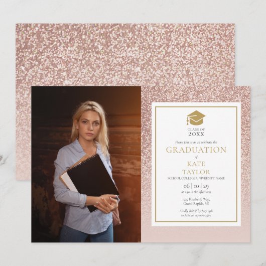 Modern Chic Roos Gold Glitter Photo Afstuderen Kaart (Voorkant / Achterkant)