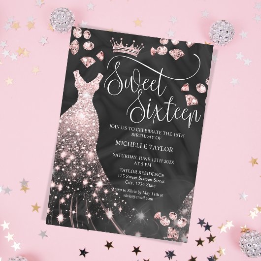 Modern Chic Roos Gold Glitter Sweet 16 Kaart