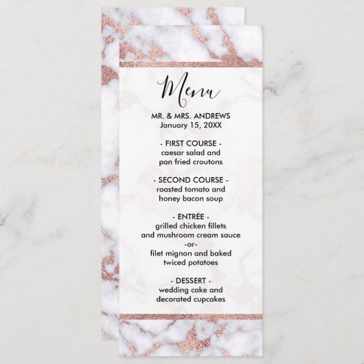 Modern Chic Roos Gold White marble Stone Pattern Menu (Voorkant / Achterkant)