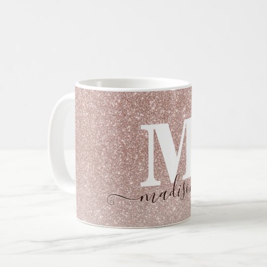 Modern Chic Roos Goud Roze Glitter Monogram Script Koffiemok (Voorkant links)