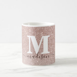 Modern Chic Roos Goud Roze Glitter Monogram Script Koffiemok
