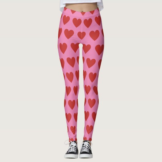 Modern Chic Schattige Red Heart Pattern op Roze Leggings (Voorkant)