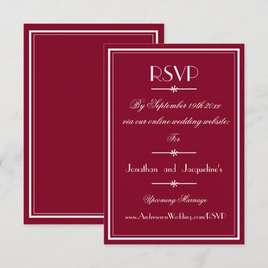 Modern Chic Script Elegante Bourgondische bruiloft RSVP Kaartje (Voorkant / Achterkant)