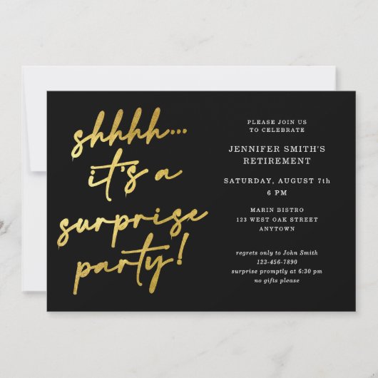 Modern Chic Script Shhh Surprise Retirement Party Kaart (Voorkant)