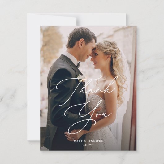 Modern Chic Script Trouwen Twee foto's Bedankkaart (Voorkant)