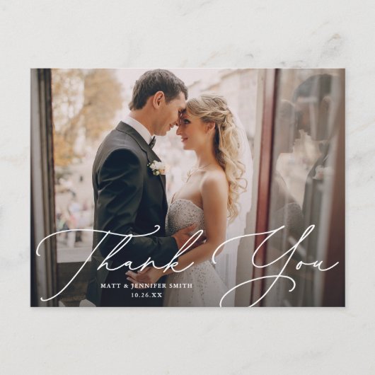 Modern Chic Script Twee foto bruiloft Dank u Briefkaart (Voorkant)