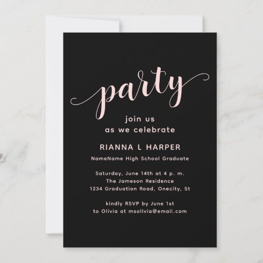 Modern Chic Script Zwart & Roze Graduation Party Kaart (Achterkant)