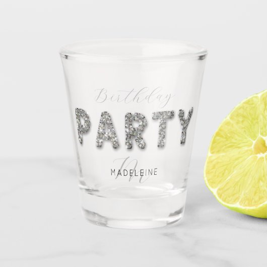 Modern Chic Silver Glitter Monogram Birthday Party Shot Glas (Voorkant)