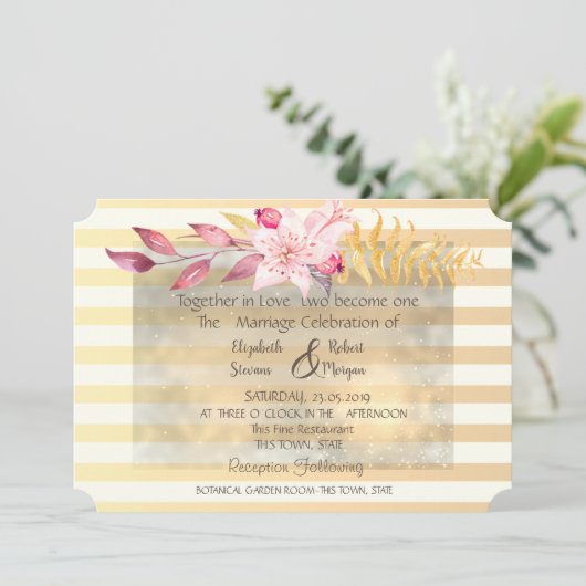 Modern Chic Striped Flowers Wedding Uitnodiging (Staand voorkant)