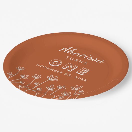 Modern Chic Terracotta Flowers First Birthday Papieren Bordje (Gekanteld)