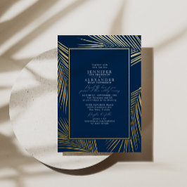 Modern Chic Tropical Beach Palm Wedding Navy Gold Folie Uitnodiging