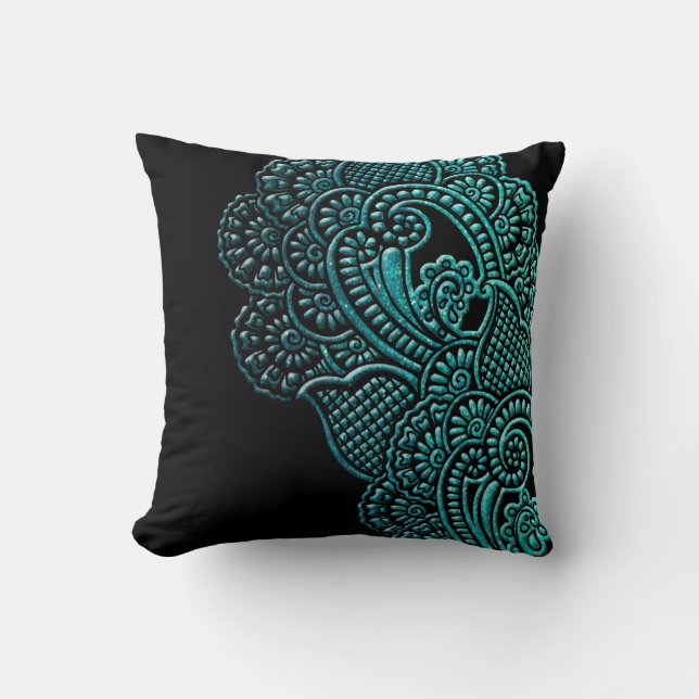 Modern Chic Turquoise Black Glitter Artsy Floral Kussen (Voorkant)