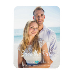 Modern Chic Turquoise Heart Photo Couple Save Date Magneet