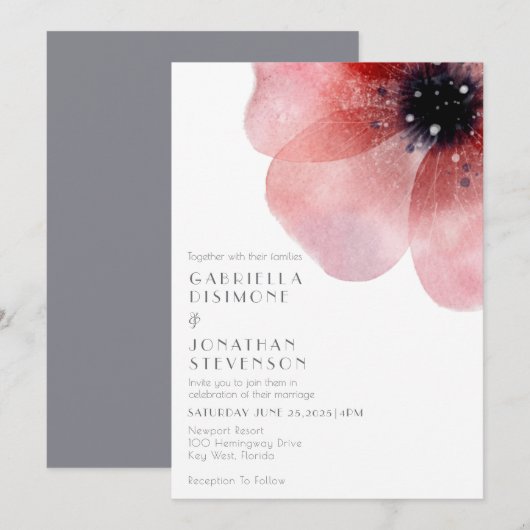 Modern Chic Waterverf Blush Poppy Grey Wedding Kaart (Voorkant / Achterkant)