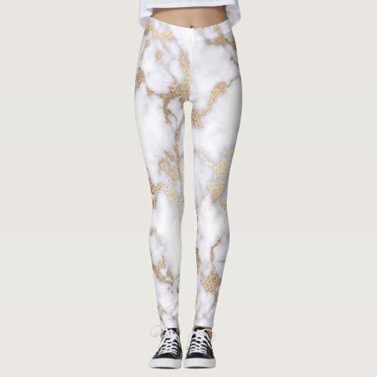 Modern Chic White Gold Foil marble Pattern Leggings (Voorkant)
