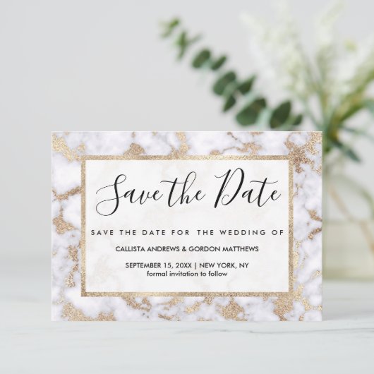 Modern Chic White Gold Foil marble Pattern Save The Date (Staand voorkant)