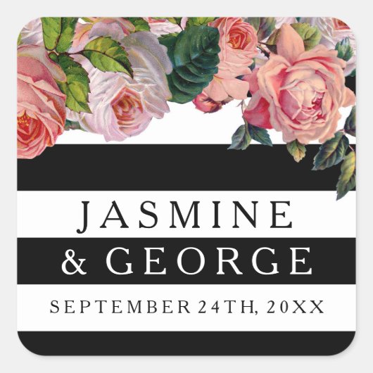 MODERN Chic Wide Stripes met Rozen Floral Vierkante Sticker (Voorkant)