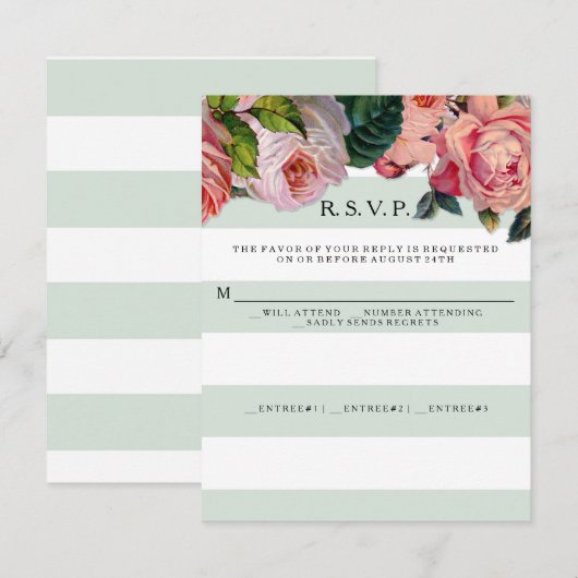 MODERN Chic Wide Stripes w Rozen, Mint Green RSVP Kaartje (Voorkant / Achterkant)