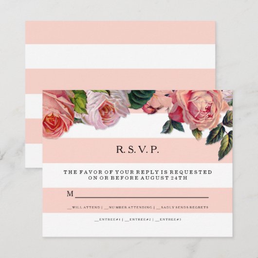 MODERN Chic Wide Stripes w Rozen, Wedding RSVP (Voorkant / Achterkant)