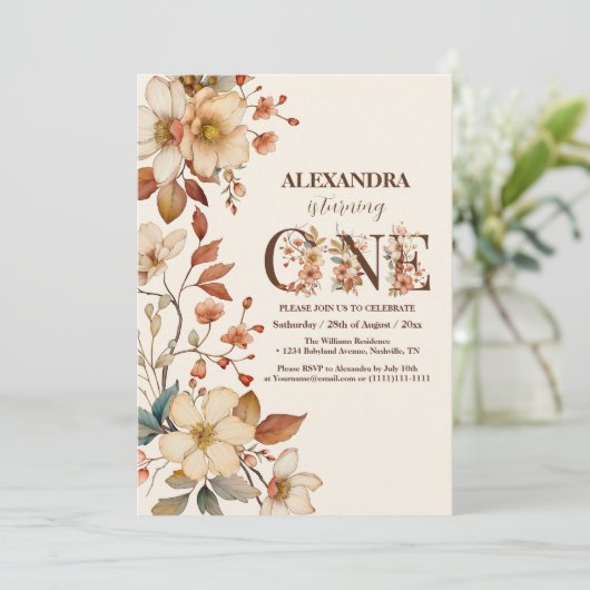 Modern chic wildflower script 1e verjaardag kaart (Staand voorkant)